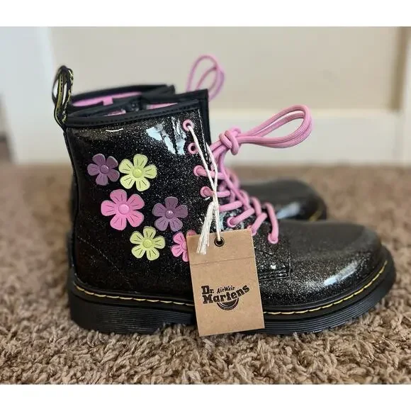 Dr Martens Junior 1460 Glitter & Flower Applique Lace Up Boots Sz 5 - Picture 7 of 9